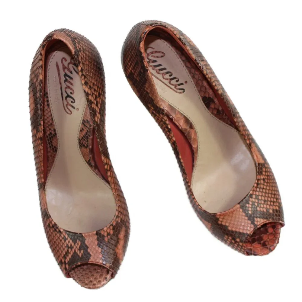 Gucci Lili Two Tone Brown Blush Python Peep-Toe Platform Stiletto Heel Size 36